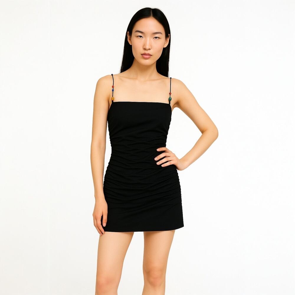 Zara Black Linen Beaded Ruched Sleeveless Cami Camisole Mini Slip Tank Dress M